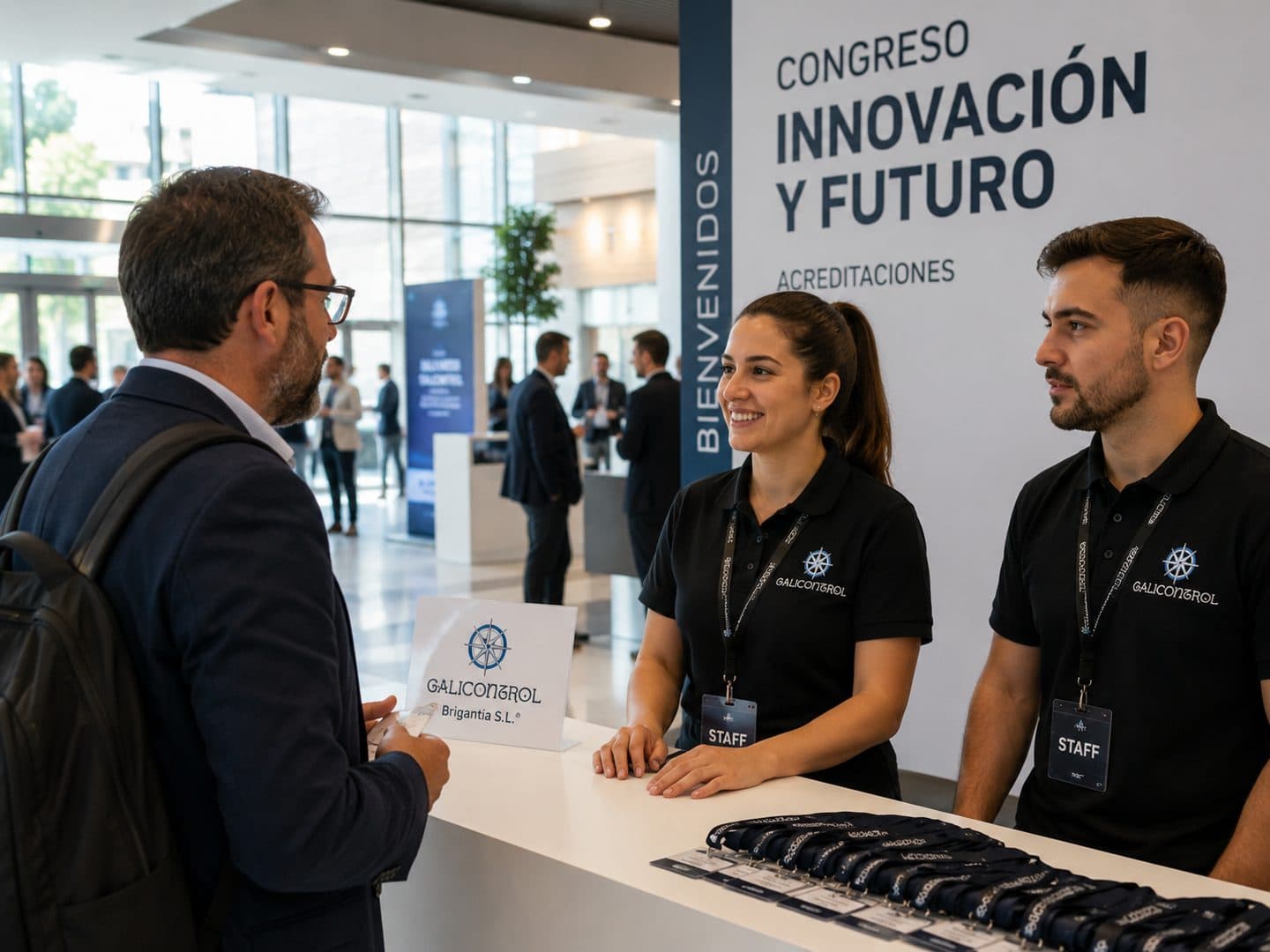 Staff de GaliControl en el mostrador de recepción de un congreso